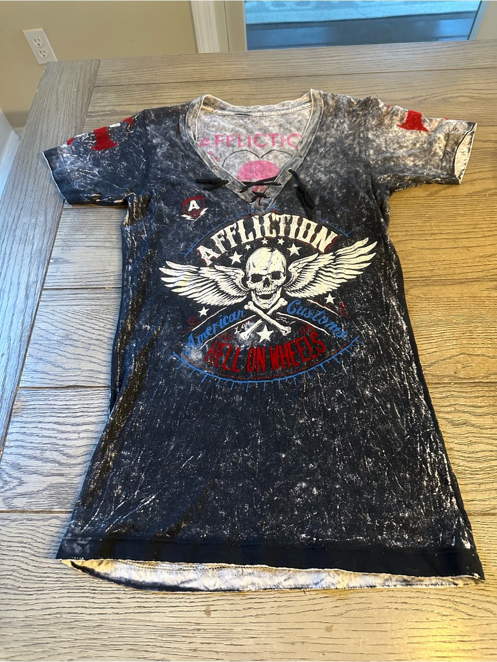 Affliction Black Distressed Skull & Wings Lace-Up Tee with Red Accents